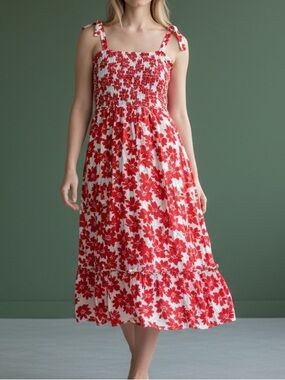 My girl Red Floral Tie-Shoulder Smocked Midi Dress Size 8